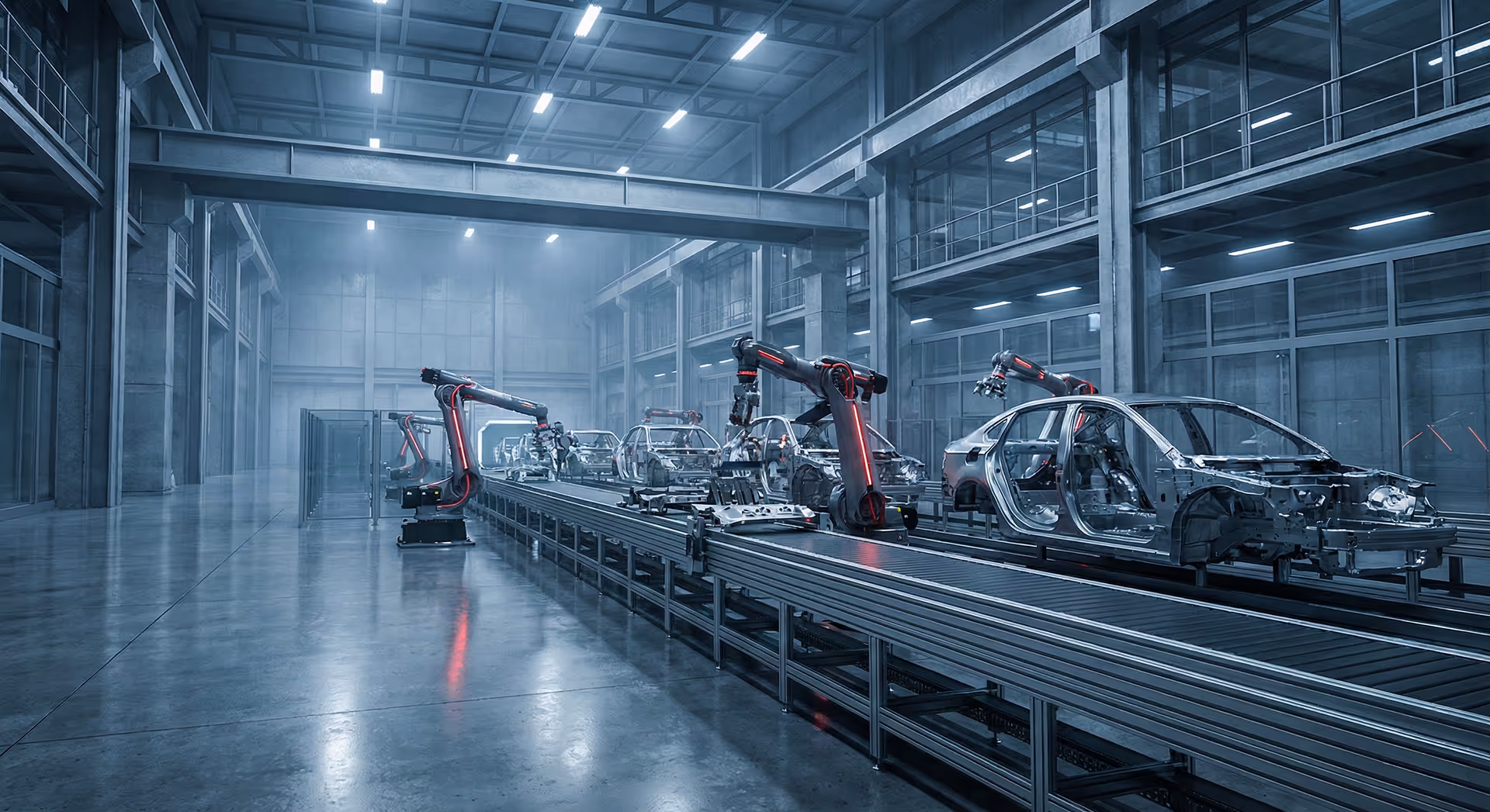 Robotická ramena na výrobní lince v automobilce.