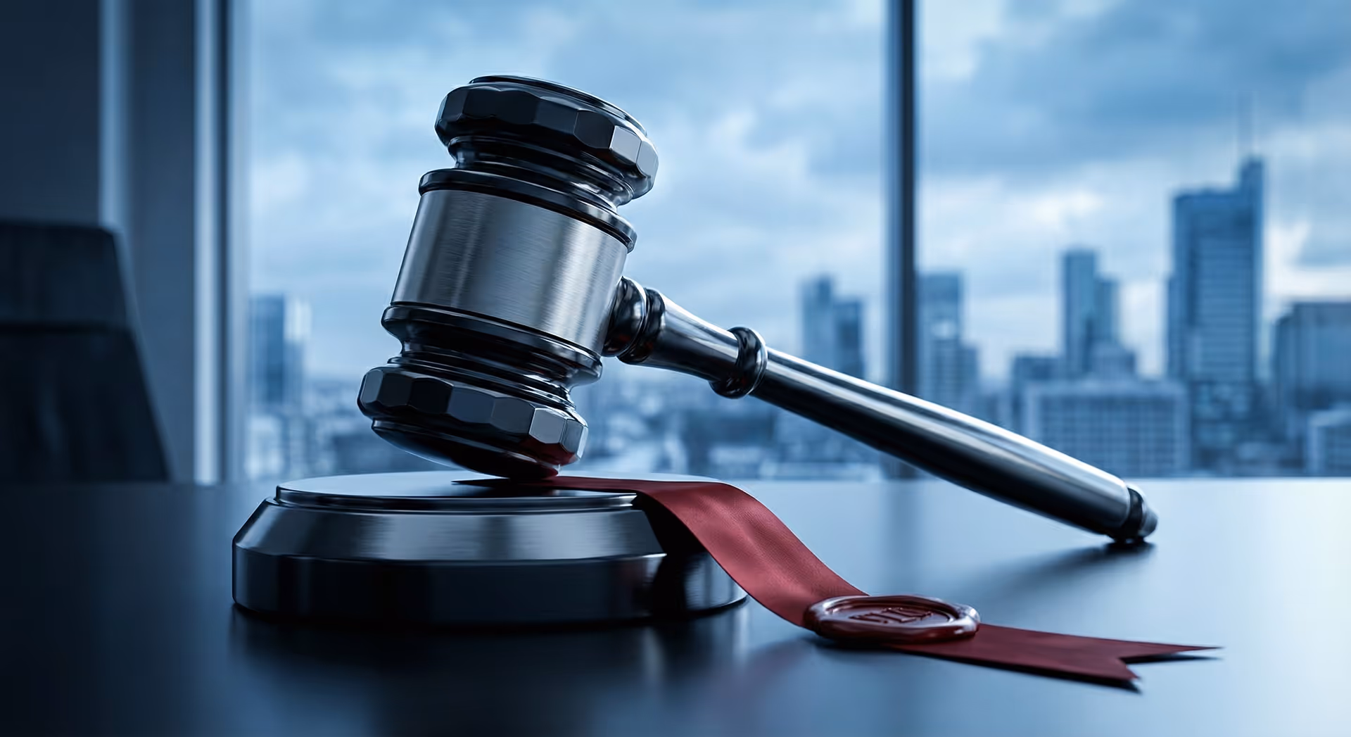 Soudcovské kladívko na stole s rozostřeným městem v pozadí.