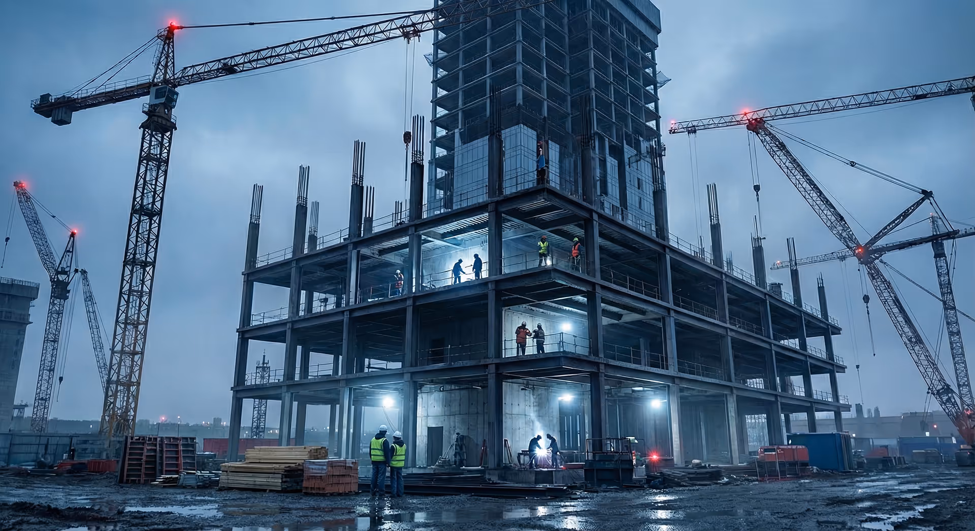 Rozestavěná výšková budova s jeřáby za soumraku.