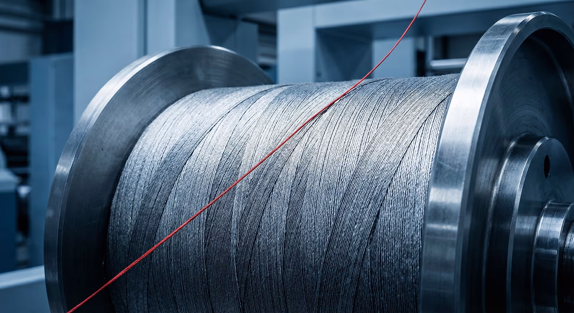 Velká průmyslová cívka se stříbrnou přízí.