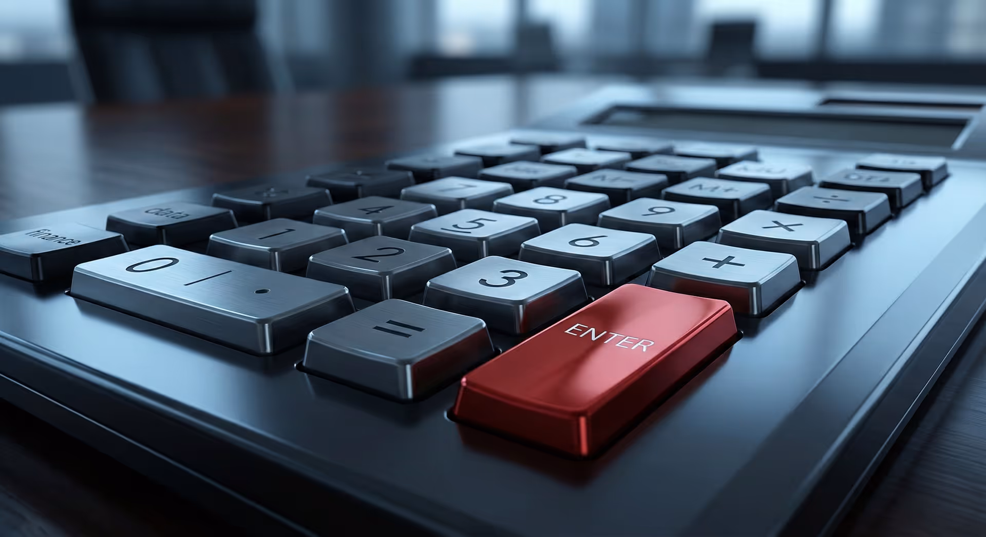 Detail klávesnice kalkulačky s červeným tlačítkem.
