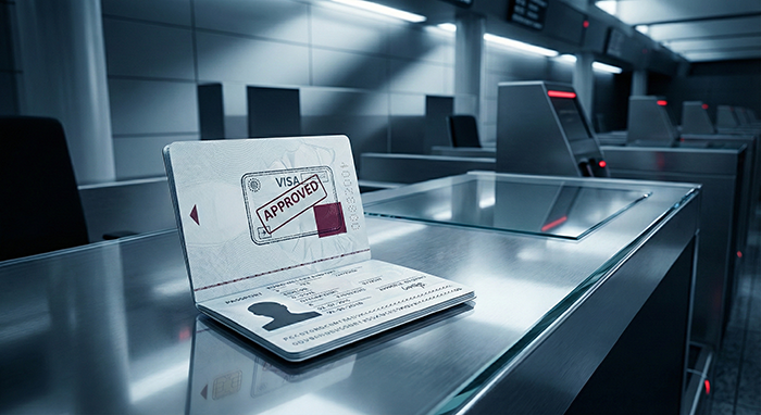 Close-up of an open biometric passport resting on a brushed metal airport desk, displaying a crisp red 'APPROVED' visa stamp.