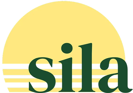 Logo with the word 'sila' in dark green lowercase letters over horizontal dark green and grey lines with a large yellow semicircle in the background.