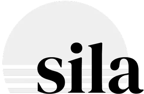 Black lowercase letters spelling 'sila' with three horizontal black lines cutting through the text on a light gray circular background.