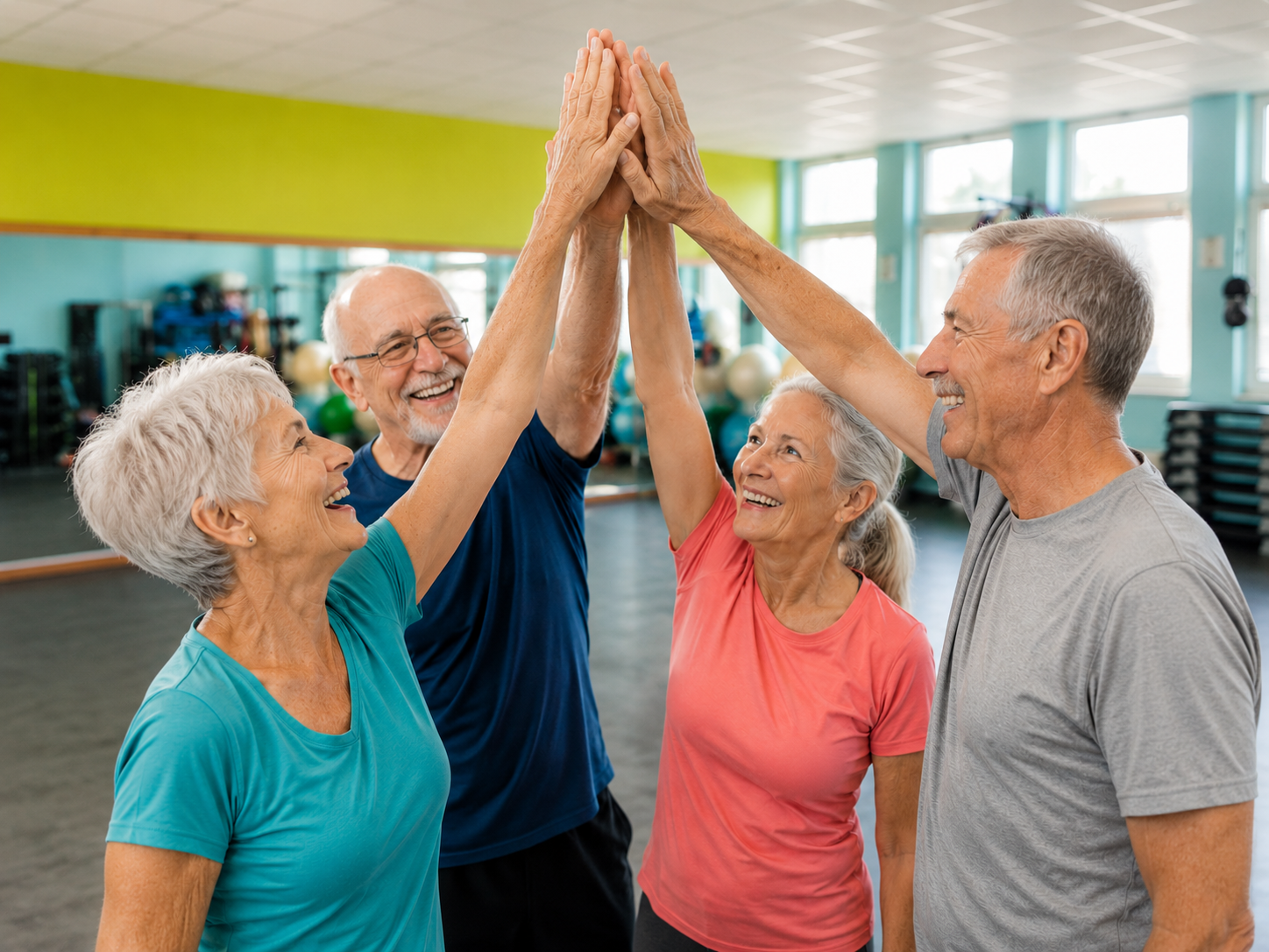 Teilnehmende beim funktionellen Zirkeltraining geben sich gemeinsam ein High-Five im Fitnessstudio