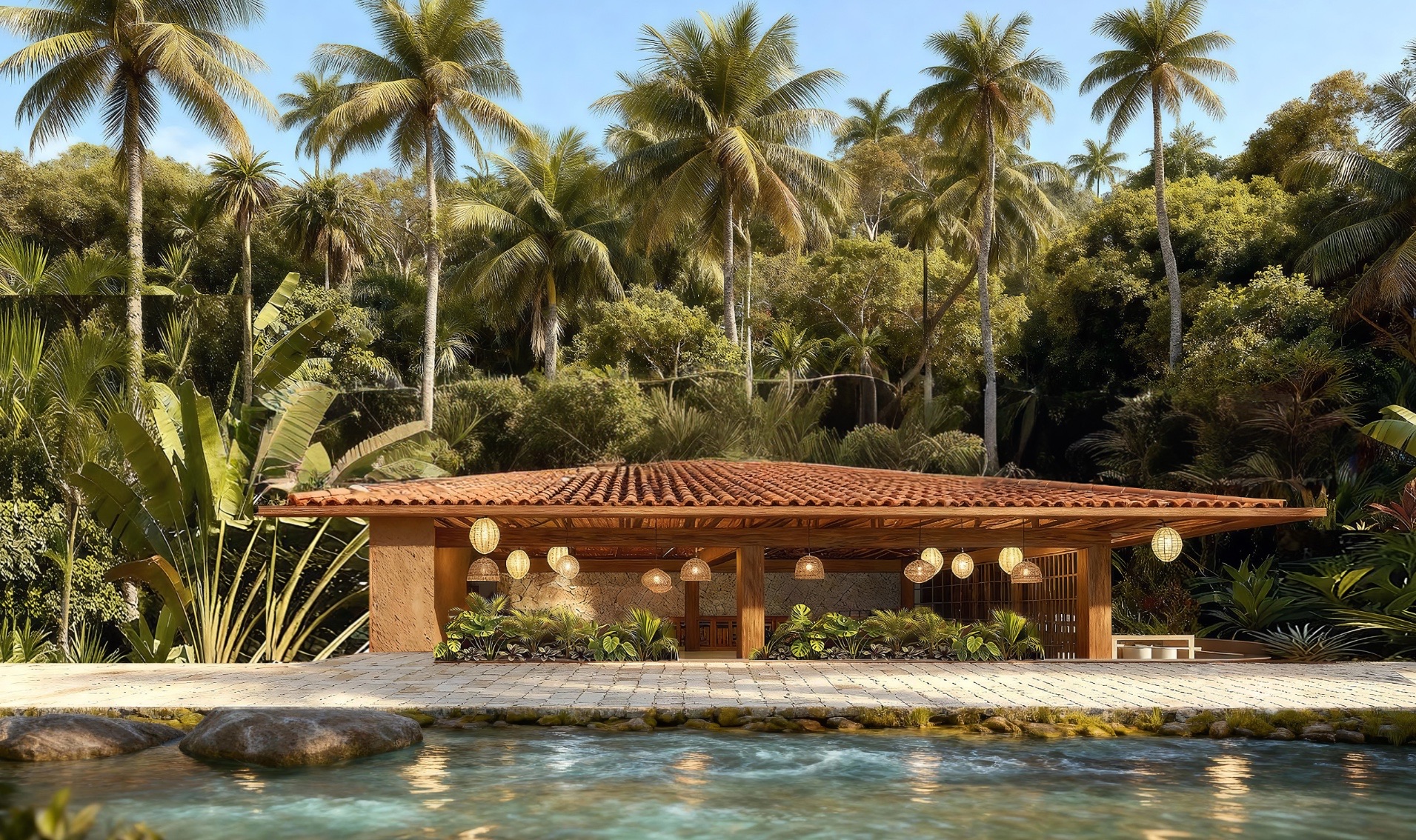 A condominium lazer area animated to show lighting changes throughout time of day changes.