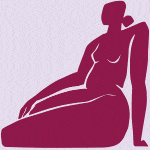 Stylized maroon silhouette of a seated nude woman against a light background.