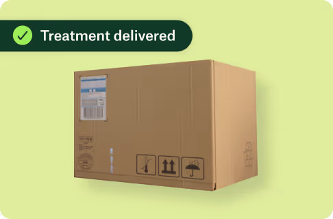 Brown cardboard box with shipping labels on a light green background and a green banner reading 'Treatment delivered' with a checkmark.