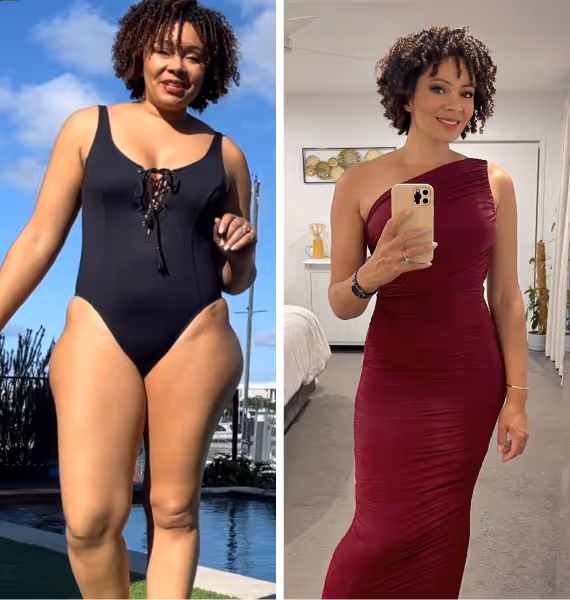Side-by-side images of a woman with curly hair; on the left wearing a black one-piece swimsuit outdoors, and on the right wearing a burgundy one-shoulder dress indoors taking a mirror selfie.