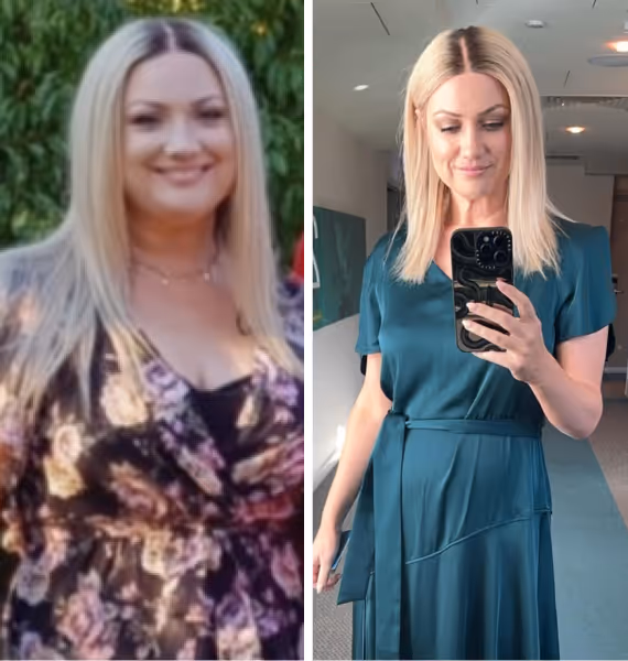 Side-by-side comparison of a blonde woman before and after weight loss, wearing a floral dress in the left image and a teal dress in the right image taking a selfie.