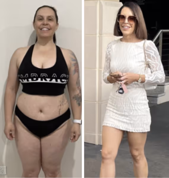 Before and after photo of a woman smiling, left image shows her in black sportswear, right image shows her in a white dress and sunglasses walking outdoors.