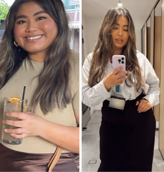 Side-by-side images of a woman with long wavy hair; on the left, she smiles holding a drink with a straw; on the right, she takes a mirror selfie wearing a white blouse and black skirt.