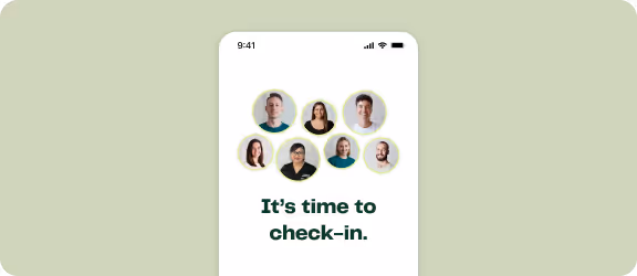 Mobile screen showing portraits of seven diverse people above the text 'It’s time to check-in.'