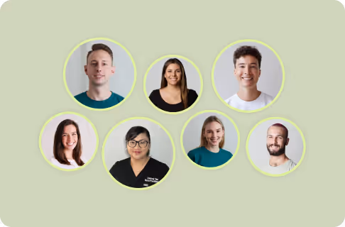 Headshots of seven diverse adults smiling, each framed in individual circular borders on a light green background.