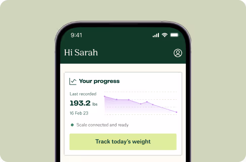 Smartphone screen showing a weight tracking app greeting Sarah, displaying weight progress of 193.2 lbs recorded on February 16, 2023, with a connected scale and button to track today's weight.