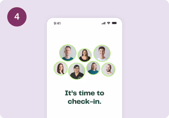 Mobile screen showing seven people’s profile pictures in circles above the text 'It's time to check-in.'