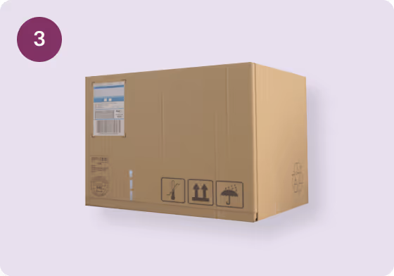 Closed brown, unbranded cardboard shipping box with handling symbols including fragile, keep upright, and keep dry.