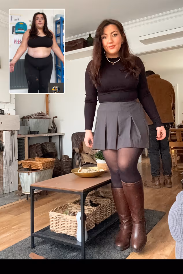 Woman wearing a black long-sleeve top, gray pleated skirt, black tights, and brown knee-high boots standing in a living room with a coffee table in front; inset shows the same woman in a larger body in black workout clothes.