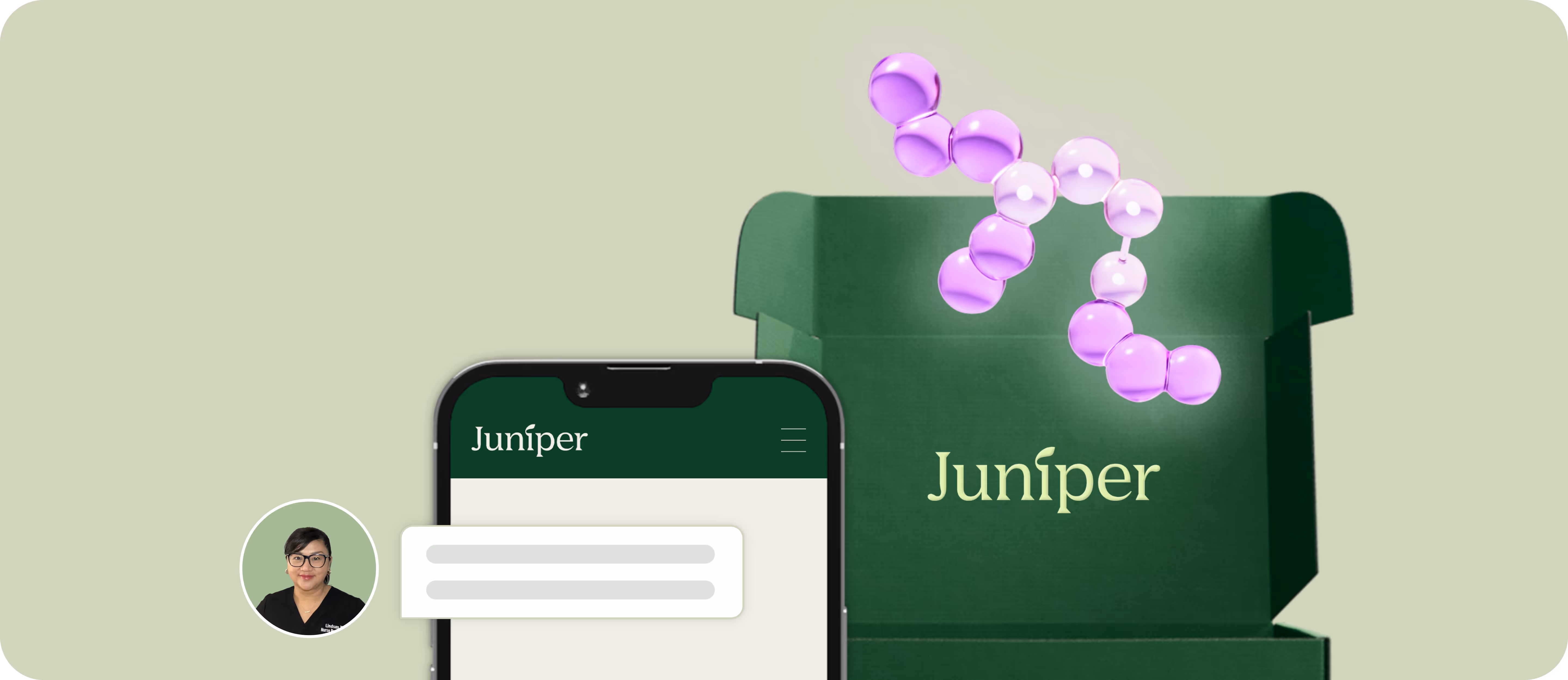 Green open box with Juniper logo, a smartphone displaying a Juniper app screen, and a floating purple molecular structure above.