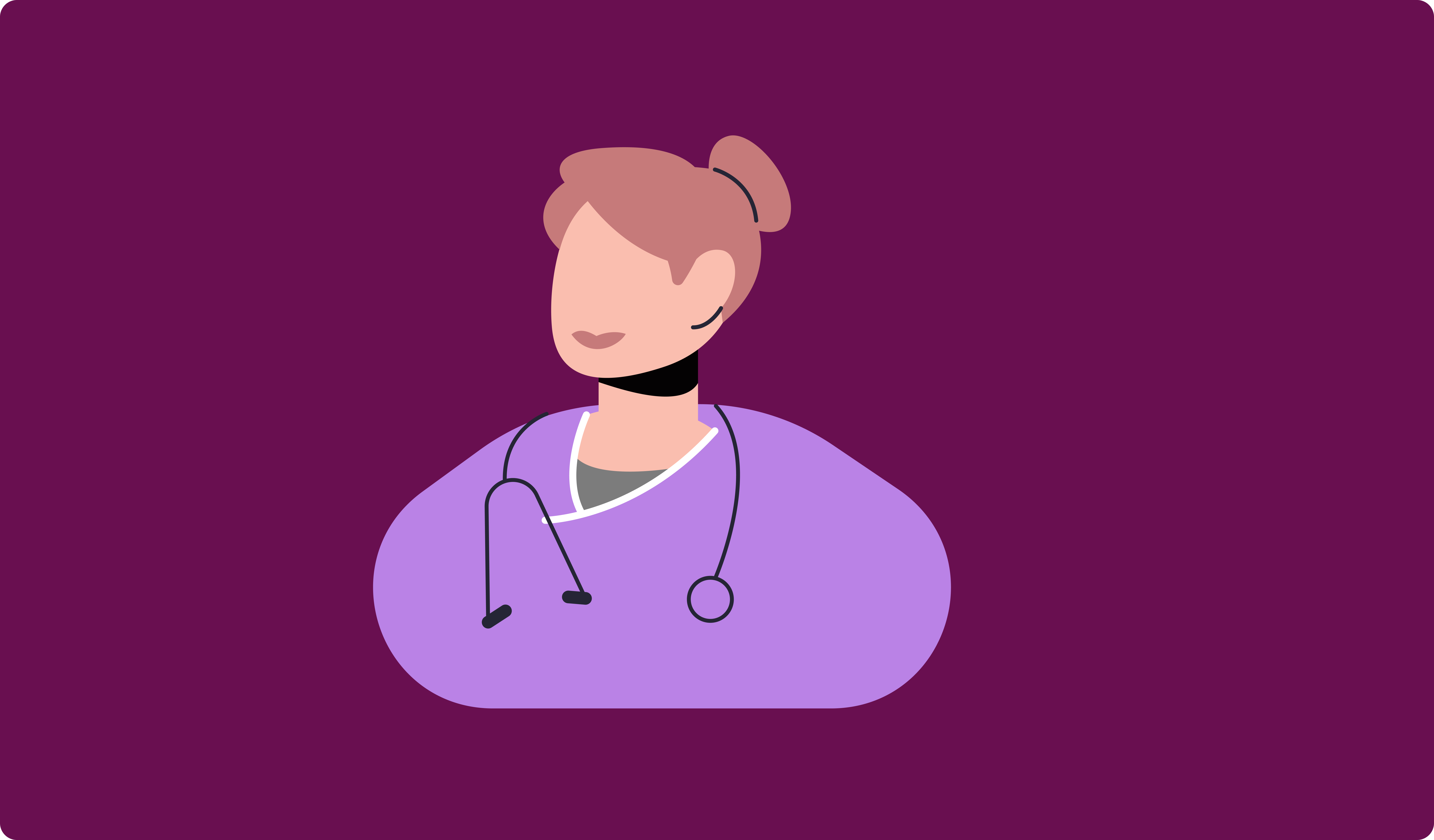 Illustration of a healthcare professional wearing a purple uniform and stethoscope on a dark purple background.