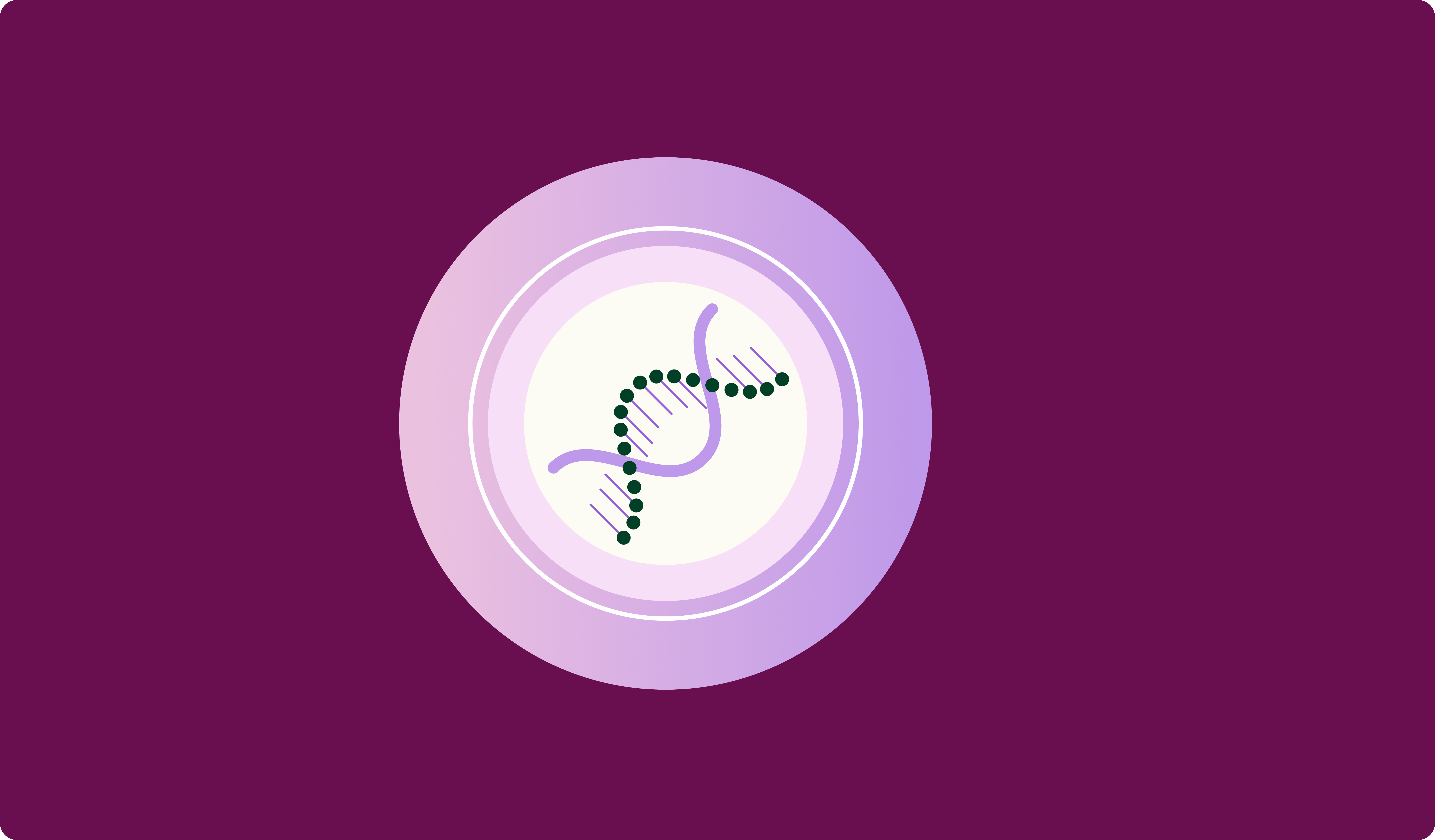 Illustration of a stylized DNA strand with purple and green elements on a circular white and purple gradient background.