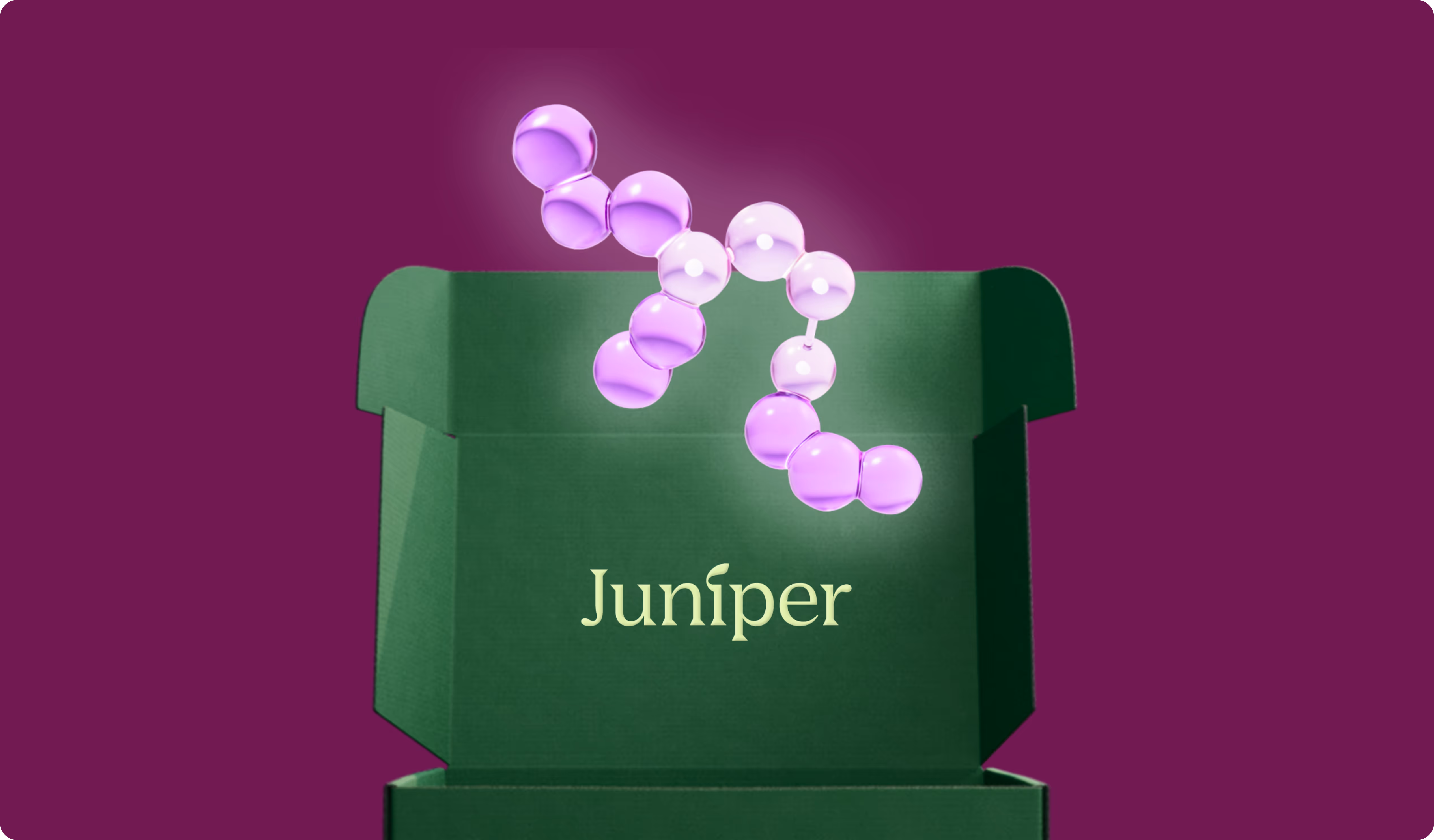 Green open box with the word 'Juniper' inside and a floating purple molecular structure above it on a purple background.