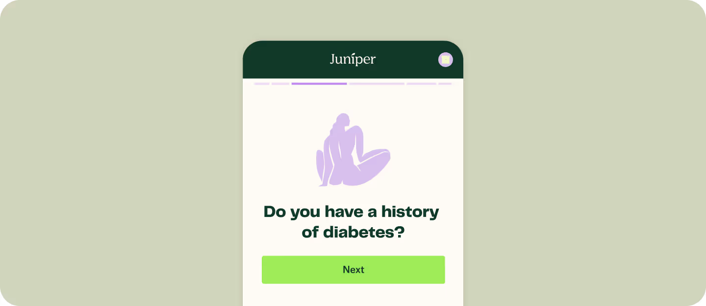 Mobile interface showing a question 'Do you have a history of diabetes?' with a purple abstract figure above and a green 'Next' button below.