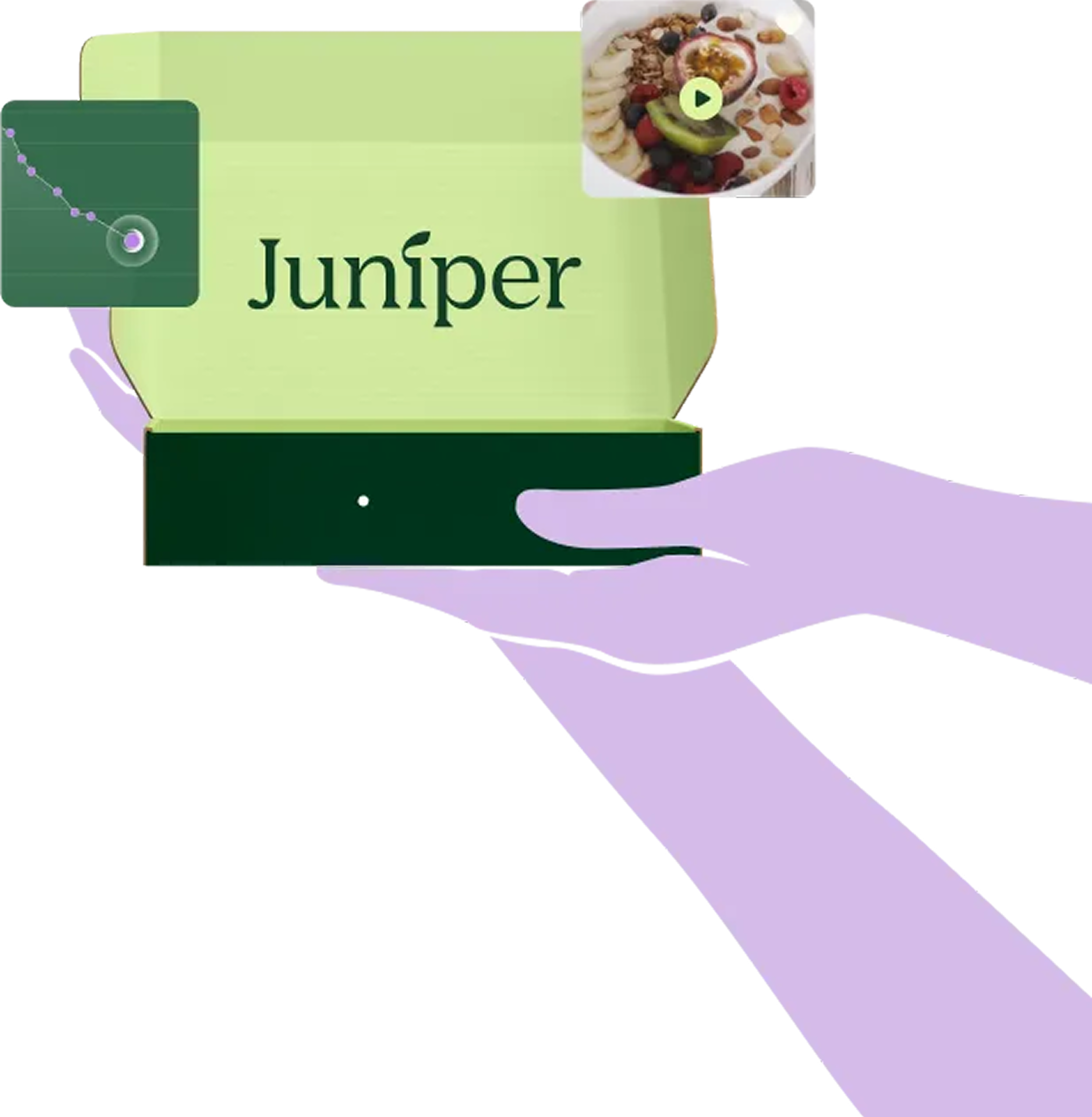 Illustration of purple hands holding an open green and yellow box labeled 'Juniper' with small inset images of a graph and a bowl of fruit and granola.