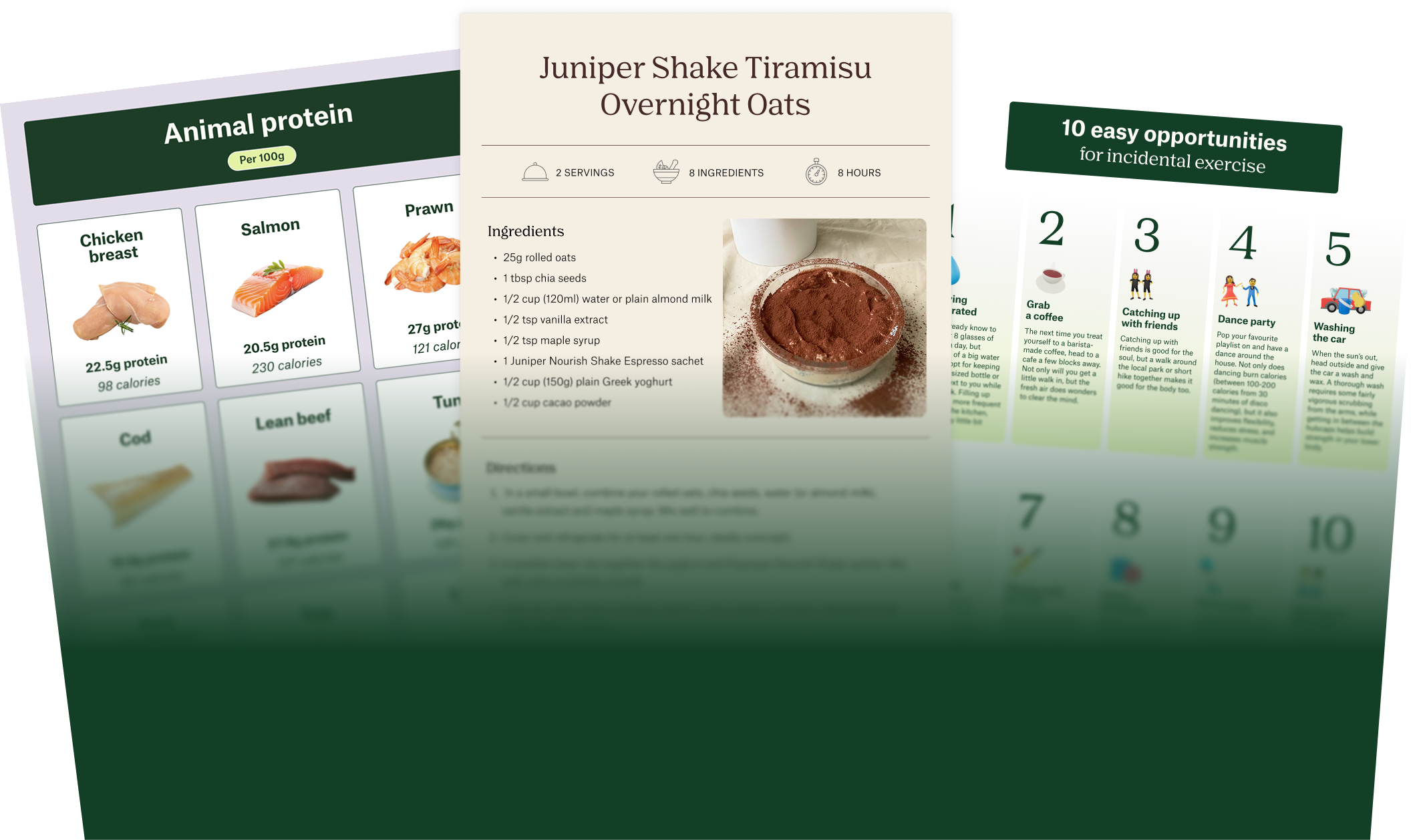 Recipe card for Juniper Shake Tiramisu Overnight Oats with ingredients list and a photo of the oat dessert topped with cocoa powder.