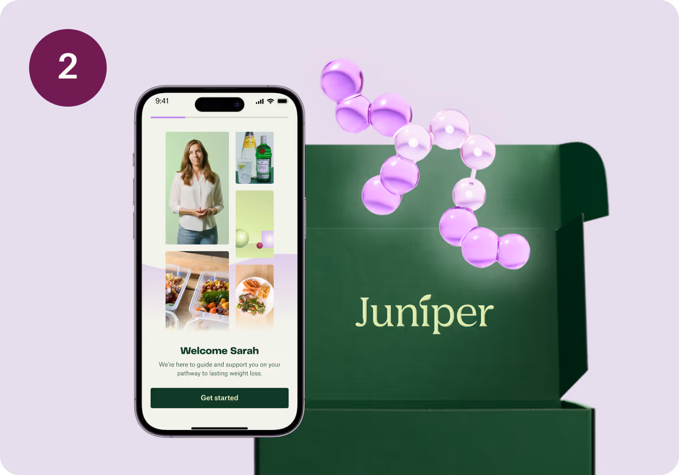 Smartphone screen showing a welcome message to Sarah on a weight loss app, next to a green box labeled Juniper with floating purple molecular shapes above it.