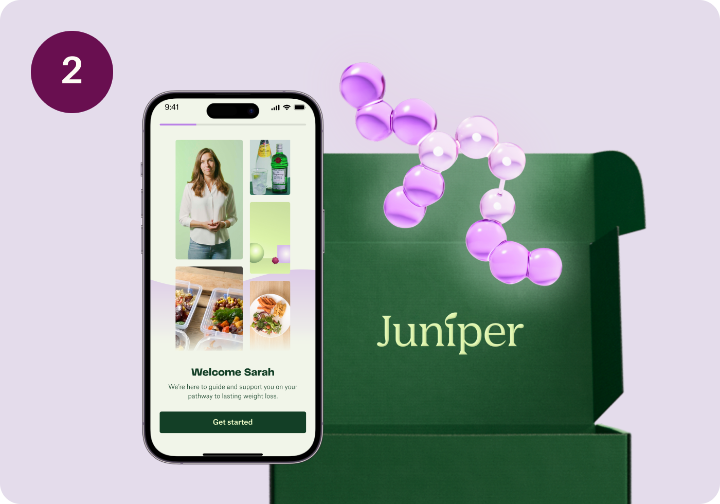 Smartphone screen showing a welcome message to Sarah on a weight loss app, next to a green box labeled Juniper with floating purple molecular shapes above it.