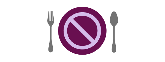 Purple plate with a no symbol between a fork on the left and a spoon on the right.