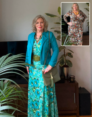 Woman with blonde hair posing indoors wearing a teal floral dress and matching jacket, holding a green handbag, with an inset image of her in a larger body wearing a brown and white patterned dress.
