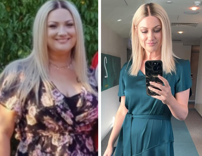 Side-by-side photos of a blonde woman showing a weight loss transformation; left image outdoors with floral dress, right image indoors taking a mirror selfie in a teal dress.