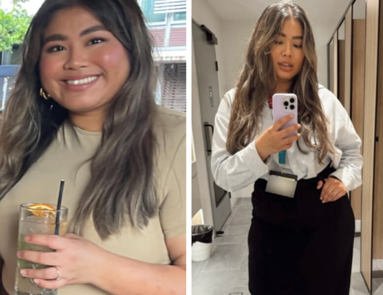 Two side-by-side images of a woman with long dark hair; on the left, she is smiling and holding a drink with a straw and an orange slice, wearing a beige shirt; on the right, she is taking a mirror selfie with a smartphone, dressed in a white blouse and black skirt.