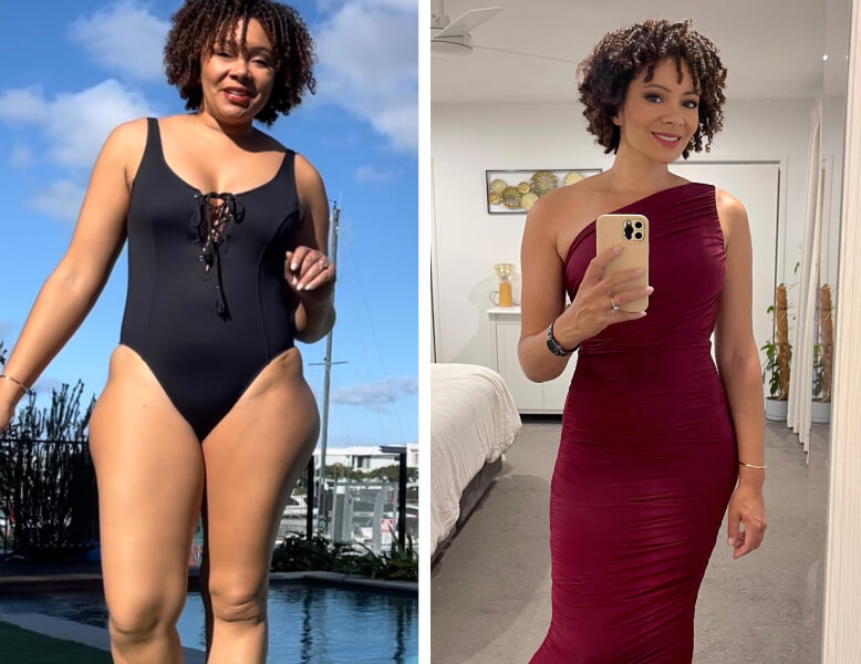 Side-by-side images of a woman with curly hair, wearing a black one-piece swimsuit outdoors by a pool on the left, and a fitted burgundy one-shoulder dress indoors on the right, taking a mirror selfie.