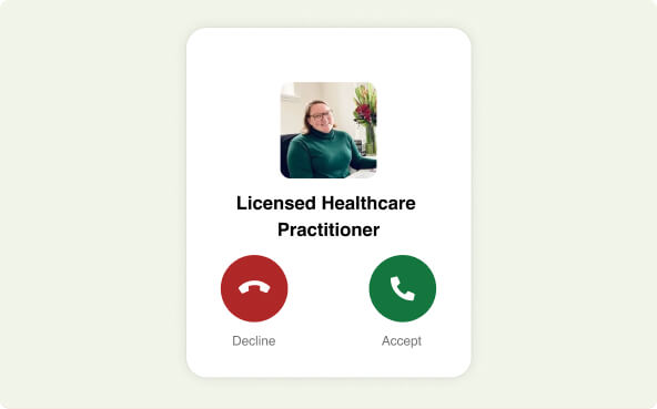 Incoming call screen showing a woman with glasses and a green sweater labeled Licensed Healthcare Practitioner with options to decline or accept the call.