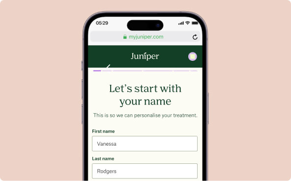 Mobile screen showing a Juníper form asking for first and last name, with fields filled as Vanessa Rodgers.