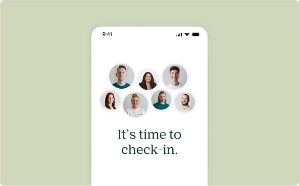 Smartphone screen showing six smiling people in circular frames above text that reads 'It's time to check-in.'