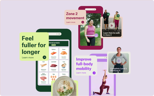 Collage of wellness app screens showing healthy eating tips, Zone 2 movement exercises, and full-body mobility workouts with images of people exercising and healthy food.