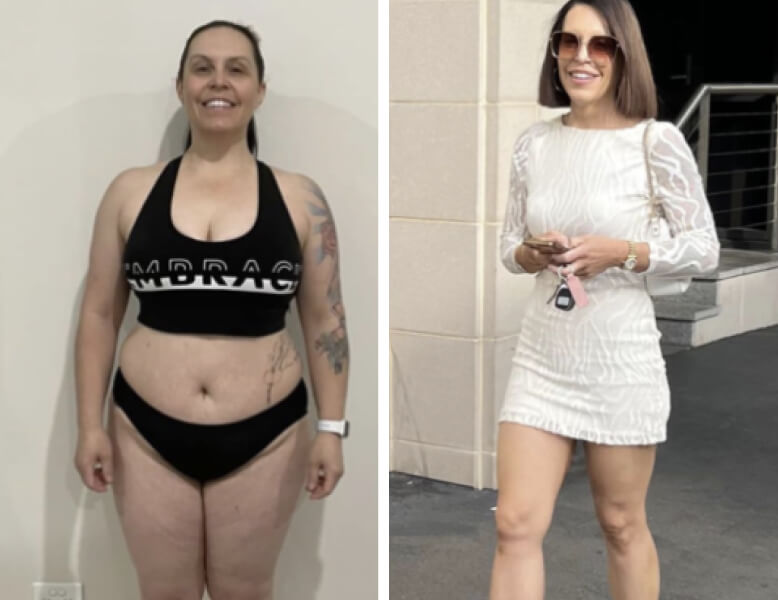 Side-by-side comparison of a woman before and after a transformation; left image shows her in black sportswear indoors, right image shows her outdoors wearing a stylish white dress and sunglasses, smiling.