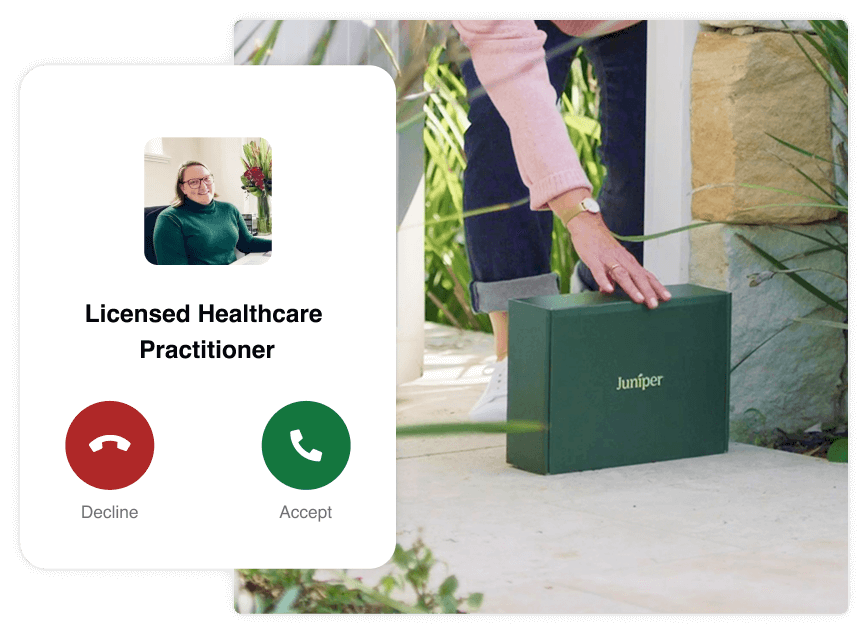 Person placing a green box labeled 'Juniper' on an outdoor stone step, with a call screen overlay showing a smiling woman labeled Licensed Healthcare Practitioner and options to Decline or Accept the call.