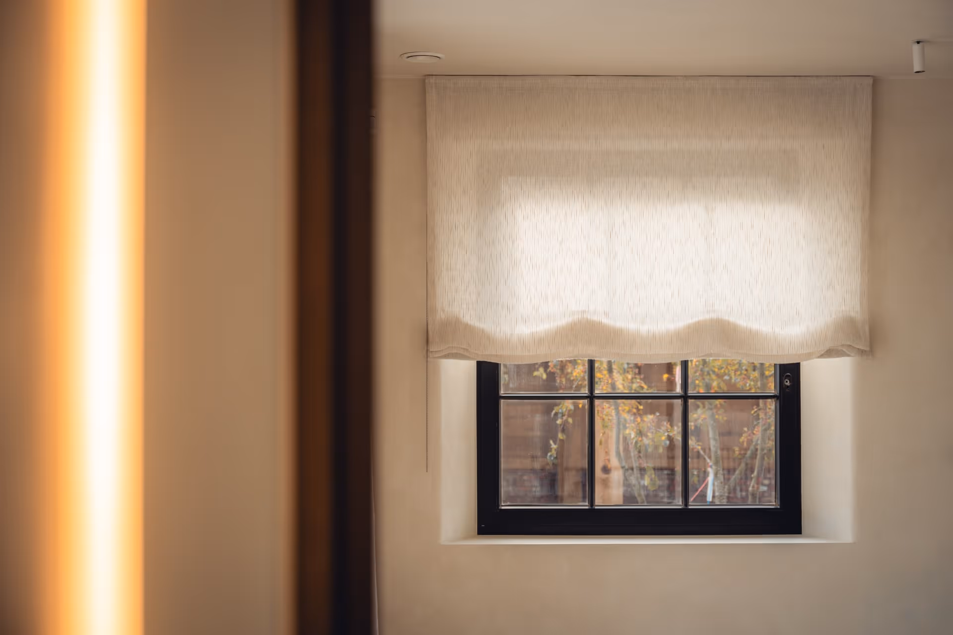 Zwart raam met semi-transparant lichtbeige vouwgordijn dat het gedeeltelijk bedekt, waardoor de herfstbladeren buiten zichtbaar zijn.