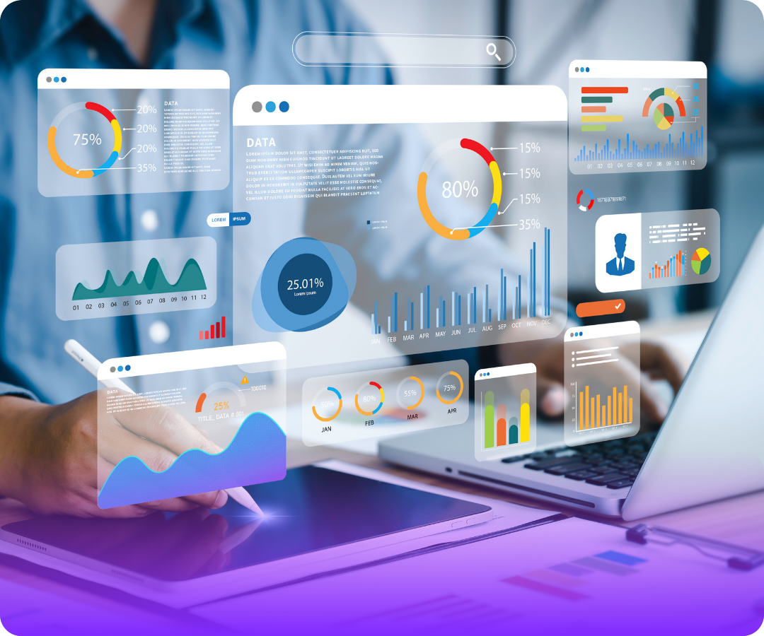 Person working on a digital tablet with floating transparent data visualization dashboards showing charts, graphs, and analytics near a laptop.