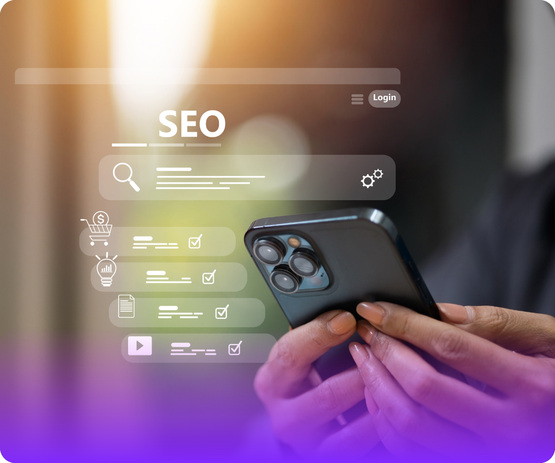 Person holding a smartphone with an overlay of SEO-related icons and checklist on screen.