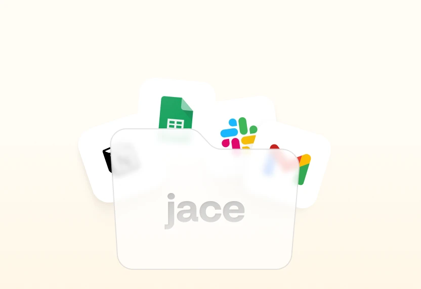 A translucent folder labeled 'jace' with icons of Google Sheets, Slack, Gmail, and Google Drive partially visible behind it.