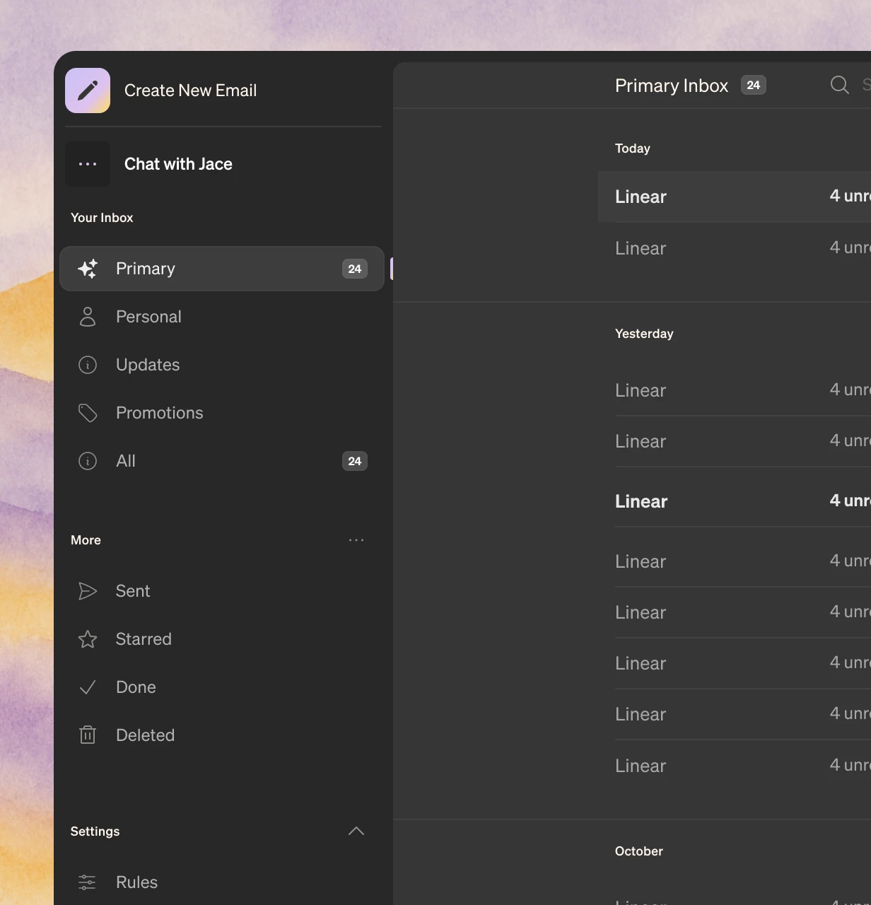 Dark mode email inbox showing 24 unread messages in Primary inbox with categories like Personal, Updates, Promotions, and options like Sent, Starred, Done, and Deleted.