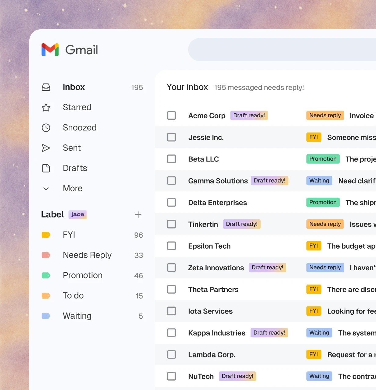 Screenshot of a Gmail inbox showing various emails with labels like Draft ready, Needs reply, FYI, Promotion, and Waiting.