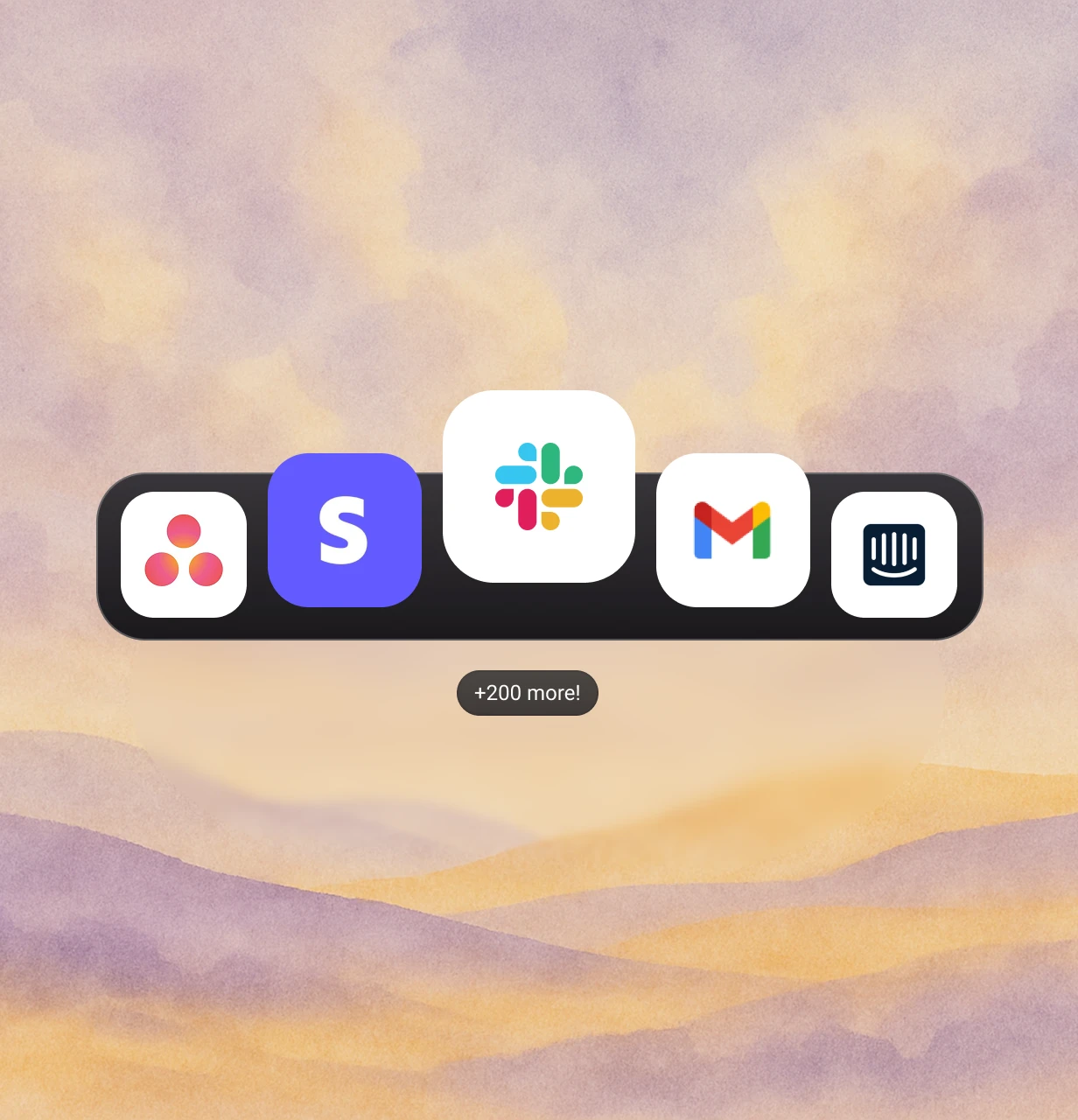 Icons of Asana, Stripe, Slack, Gmail, and Intercom apps displayed on a black bar over a purple and yellow hazy landscape background with a +200 more label.