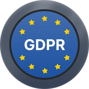 Blue circular GDPR button with white text in center surrounded by yellow stars.